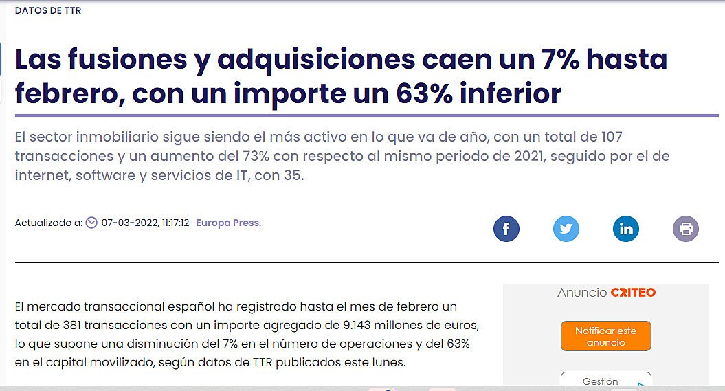 Las fusiones y adquisiciones caen un 7% hasta febrero, con un importe un 63% inferior